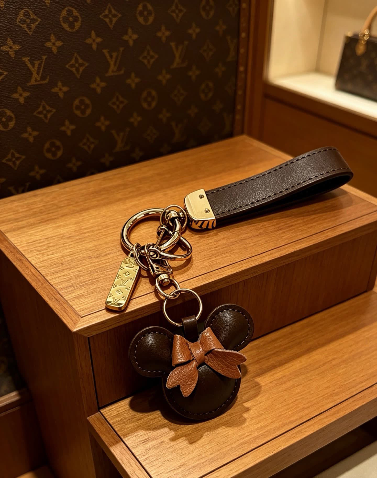Louis Vuitton Leather Keychain with Mickey Mouse Charm
